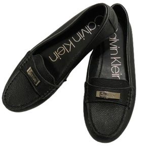 Calvin Klein Women Black Leather Pebble Grain Leta Loafers Size 7.5 M